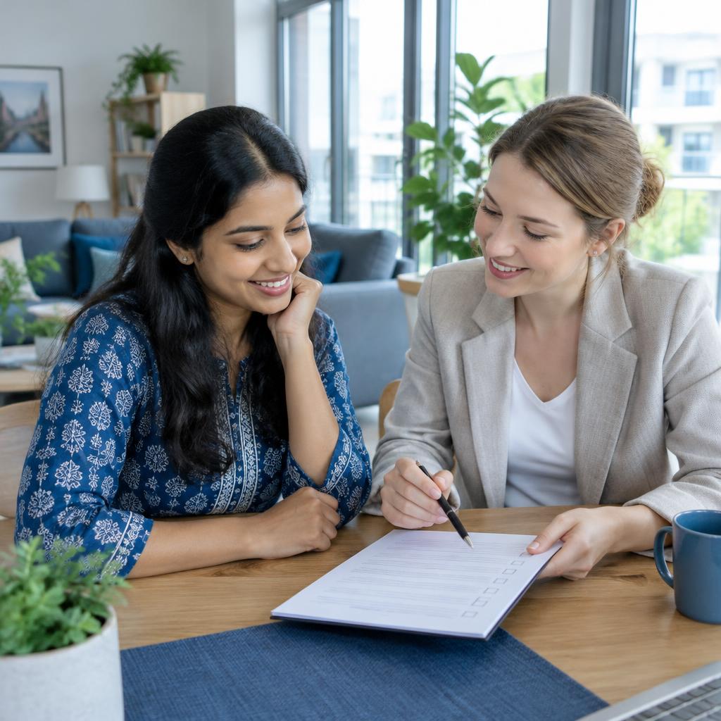 Illustrative photograph of a newcomer discussing settling-in arrangements with an advisor